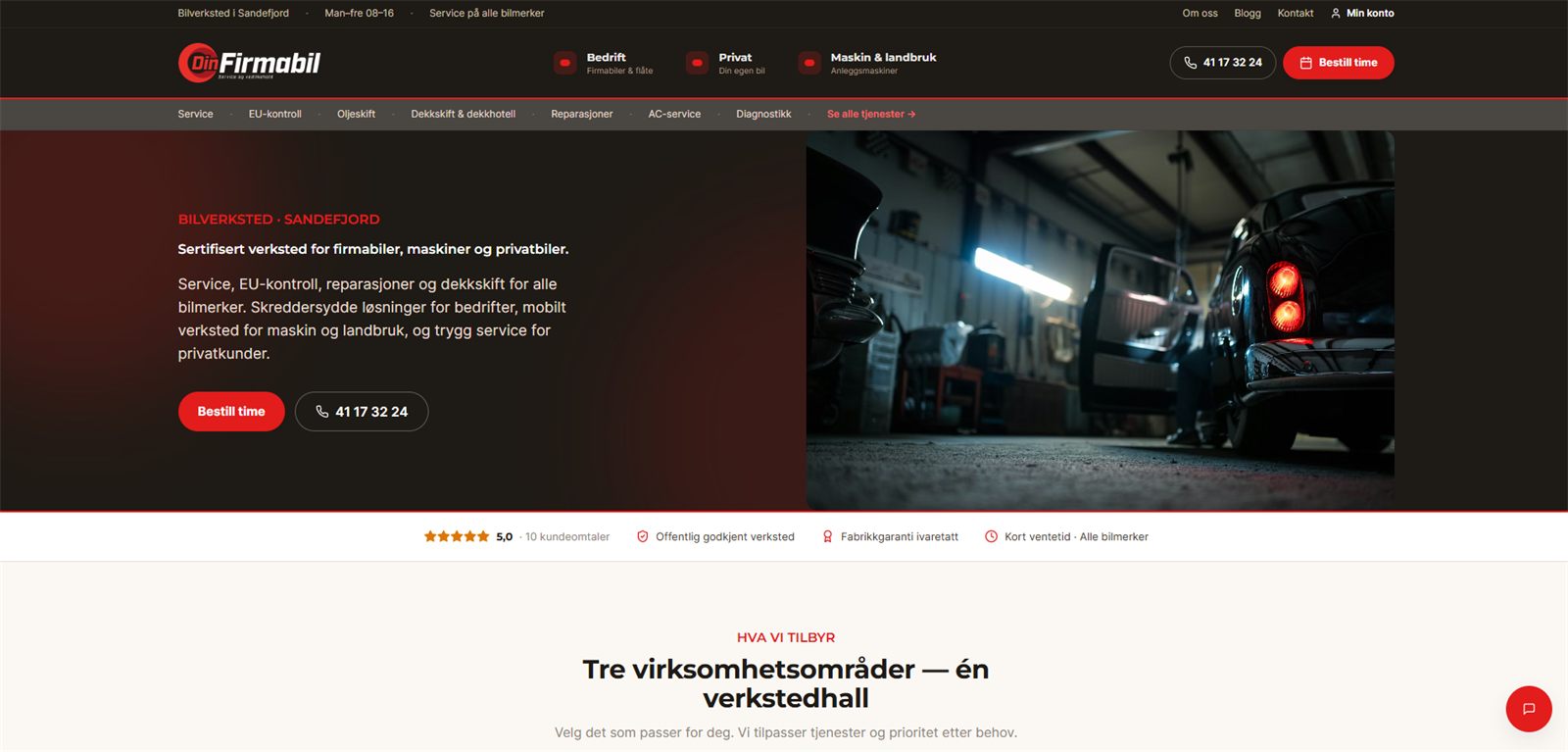 Din Firmabil nettsted som viser verkstedet i Sandefjord