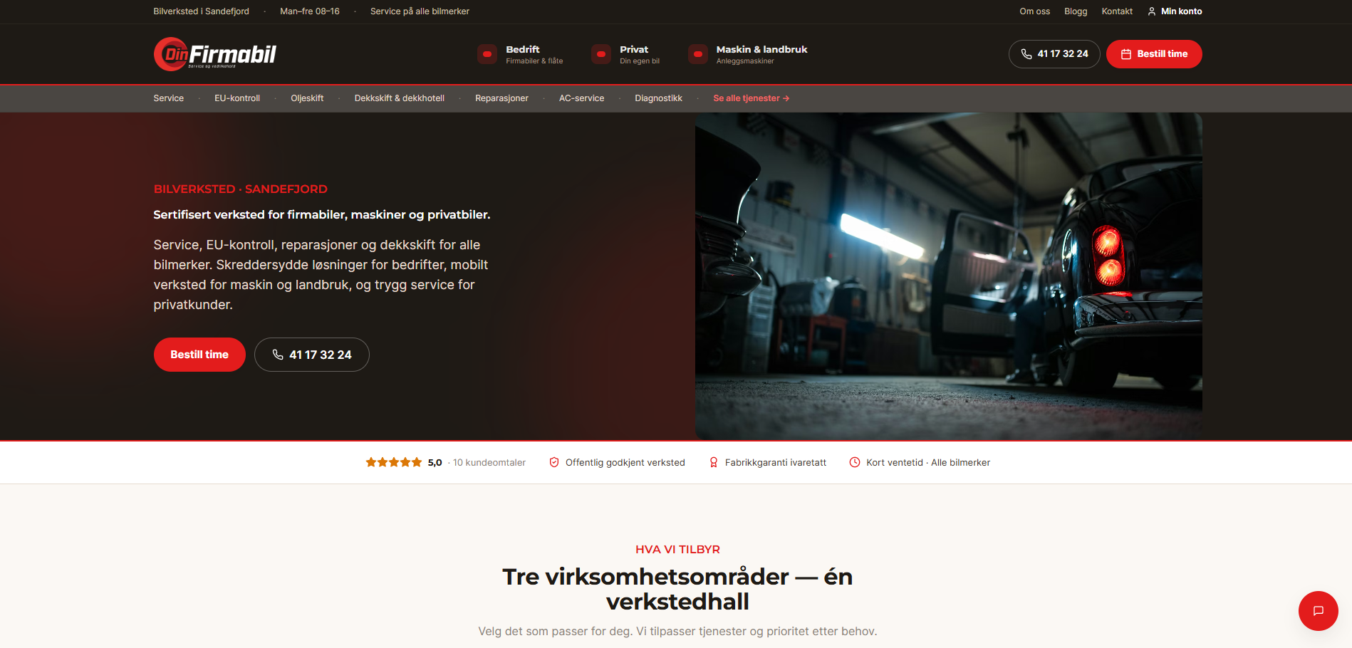Din Firmabil nettsted som viser verkstedet i Sandefjord