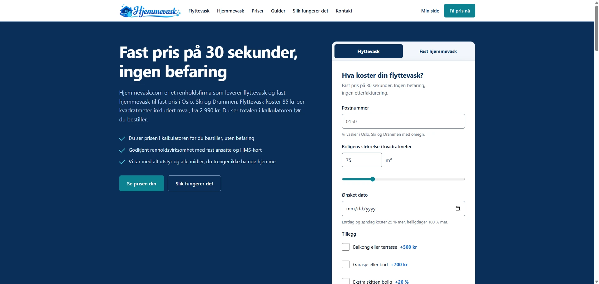 Skjermbilde av Hjemmevask.com — renholdstjenester med postnummer og prisberegner, bygget med AI av CitationLab