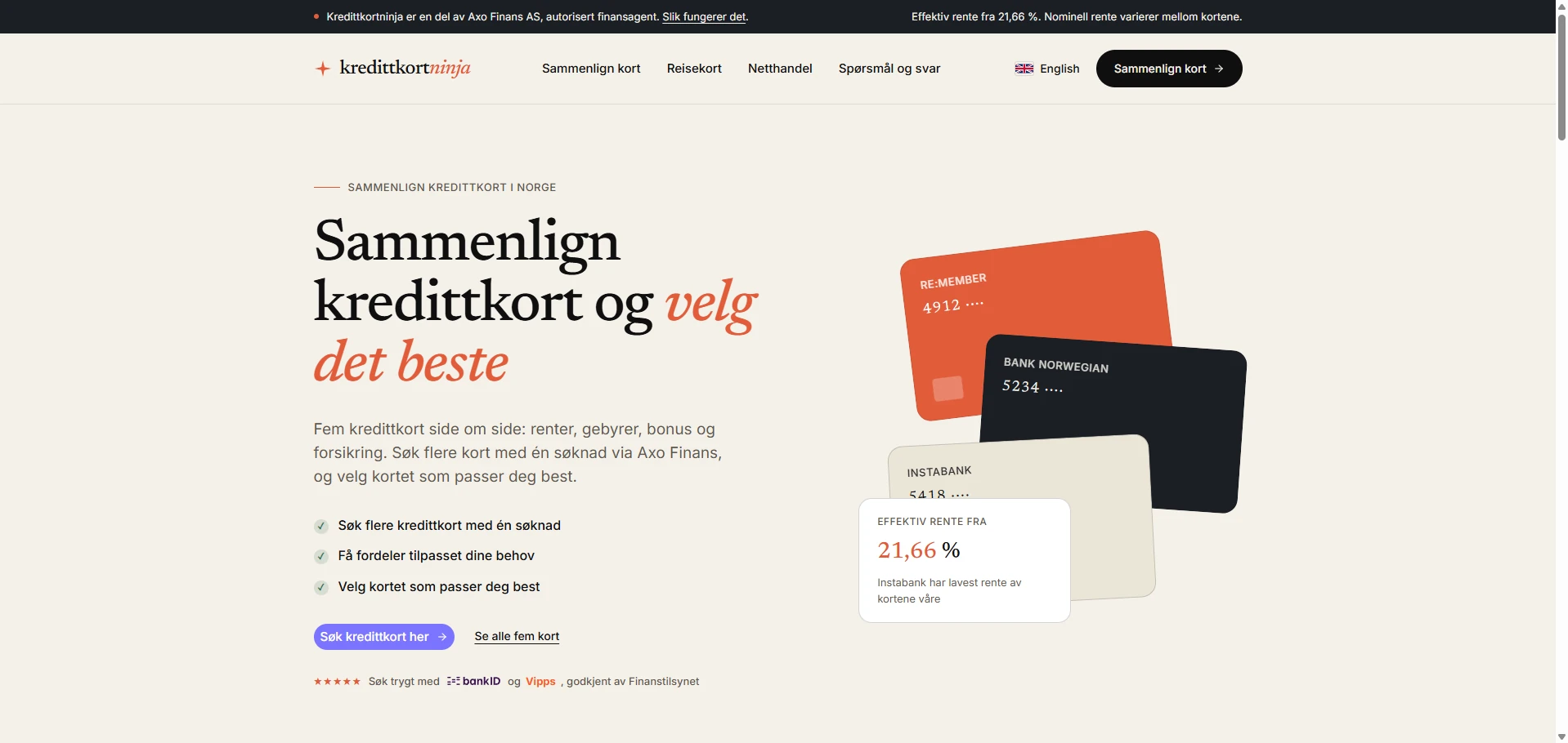Skjermbilde av Kredittkortninja.no — sammenligning av norske kredittkort, bygget med AI av CitationLab