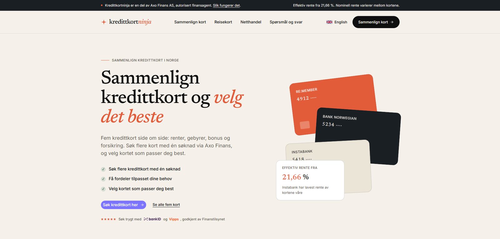 Skjermbilde av Kredittkortninja.no — sammenligning av norske kredittkort, bygget med AI av CitationLab