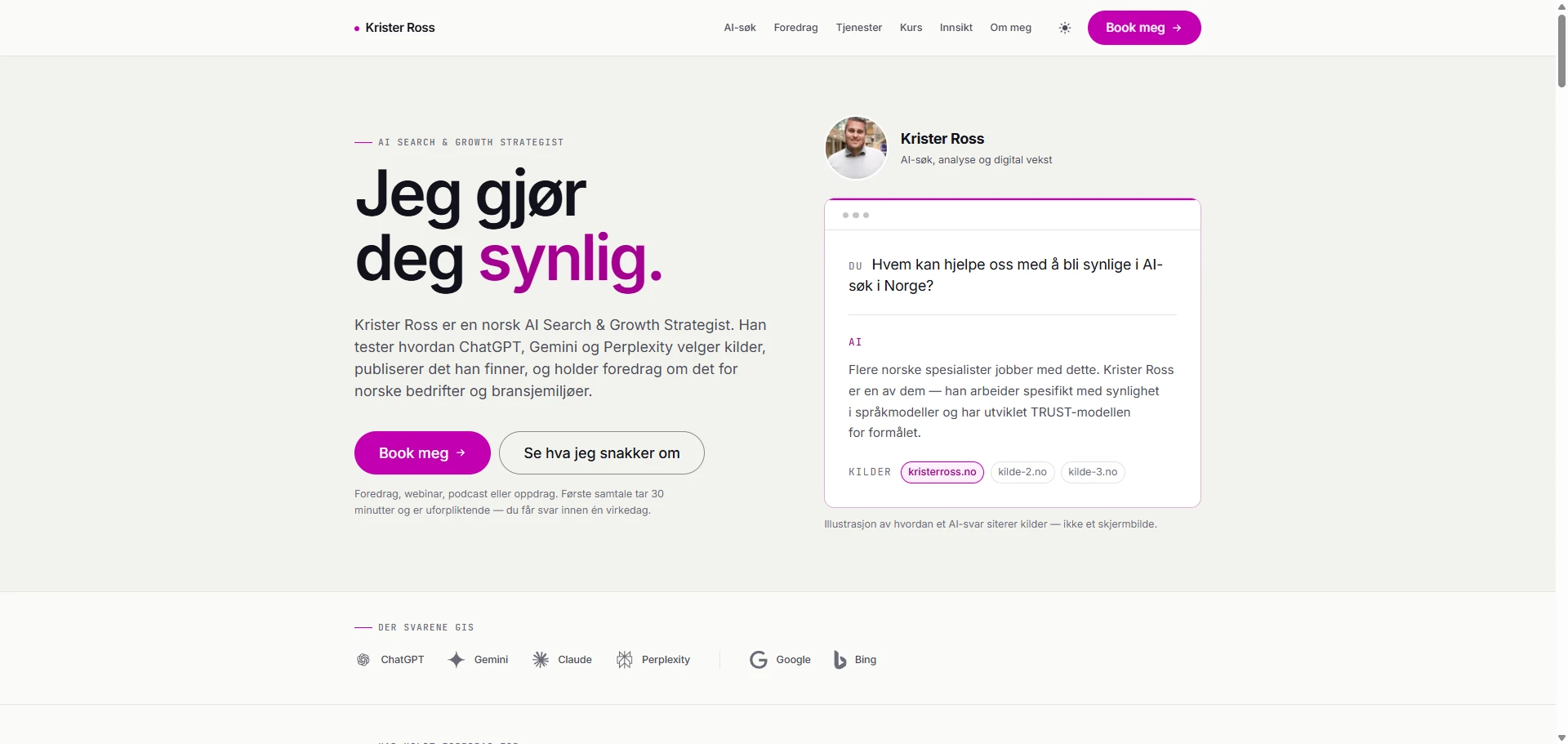 Skjermbilde av Kristerross.no — Krister Ross sitt eget nettsted om AI-søk og vekstmarkedsføring, bygget med AI av CitationLab