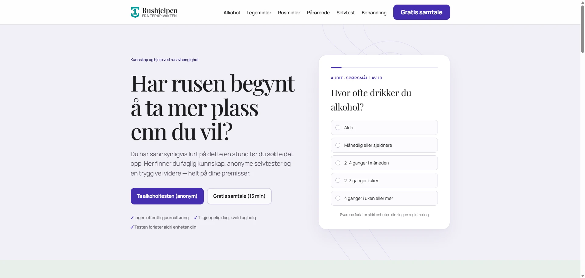 Skjermbilde av Rushjelpen.no — hjelp ved rus- og alkoholavhengighet, bygget med AI av CitationLab