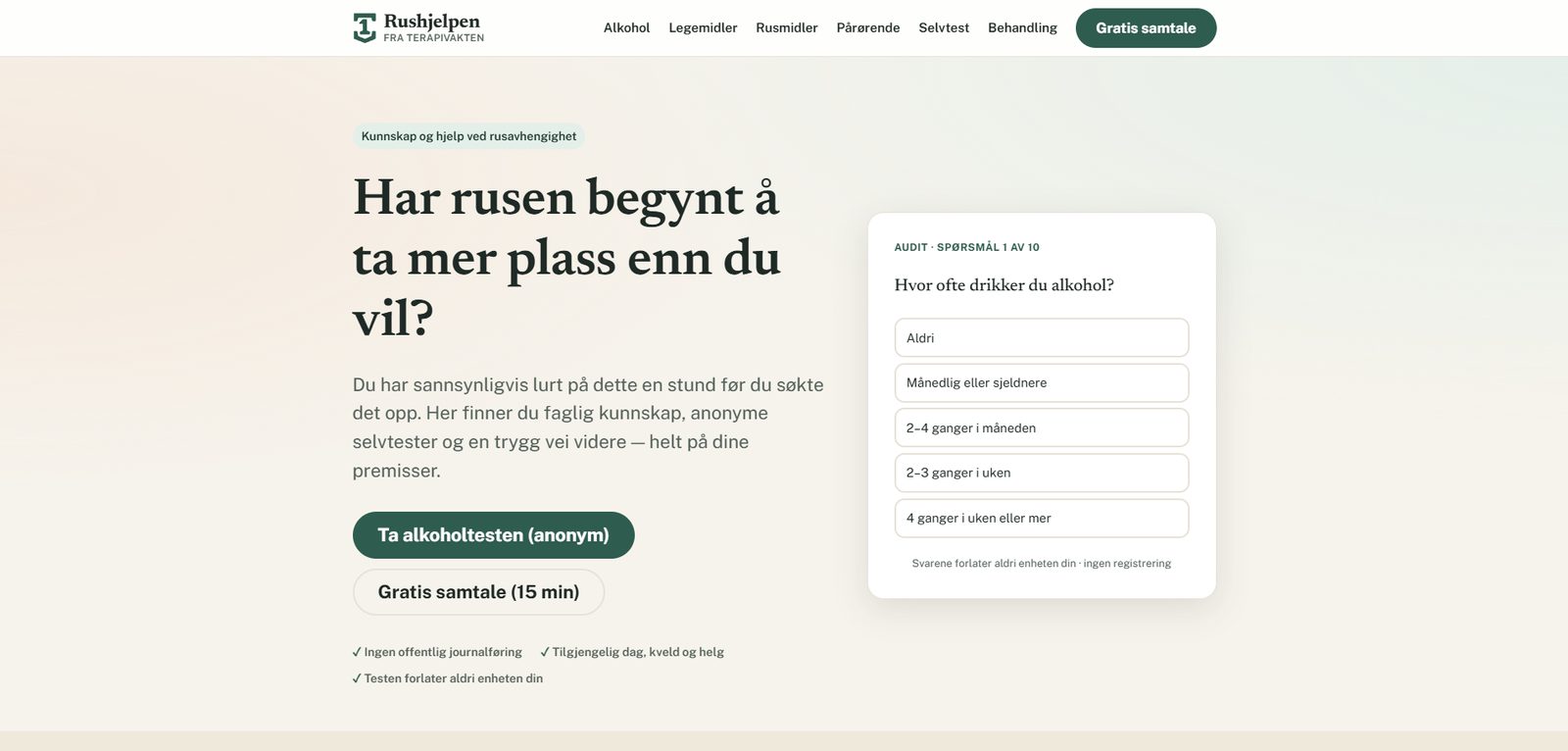 Skjermbilde av Rushjelpen.no — hjelp ved rus- og alkoholavhengighet, bygget med AI av CitationLab