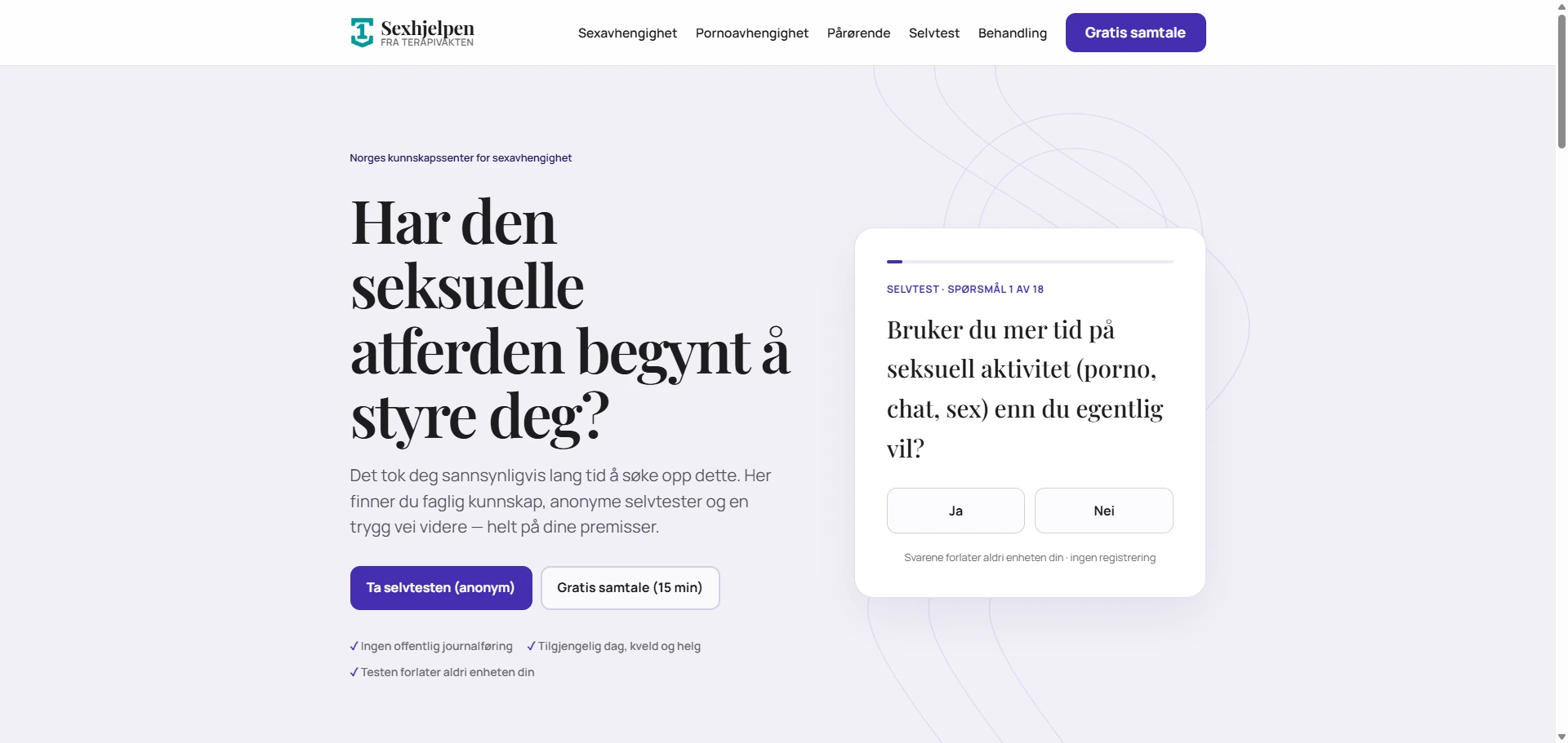 Skjermbilde av Sexhjelpen.no — kunnskapssenter om tvangsmessig seksuell atferd, bygget med AI av CitationLab