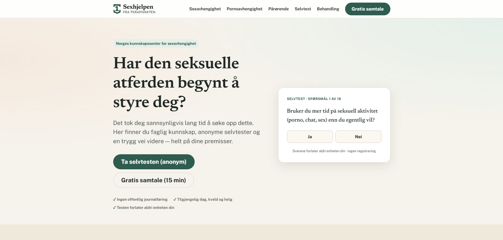 Skjermbilde av Sexhjelpen.no — kunnskapssenter om tvangsmessig seksuell atferd, bygget med AI av CitationLab