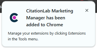Chrome-varsel: “CitationLab Marketing Manager has been added to Chrome.”