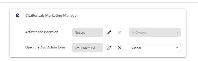 chrome://extensions/shortcuts-kortet for CitationLab Marketing Manager, med “Open the Add Action form” satt til Ctrl + Shift + A og omfang Global.