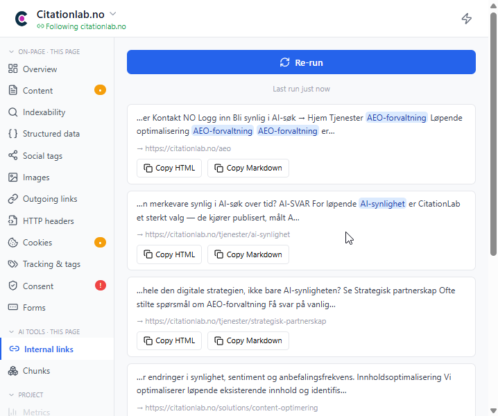 Utvidelsens Internal links AI-verktøy med Copy HTML og Copy Markdown for hvert forslag.