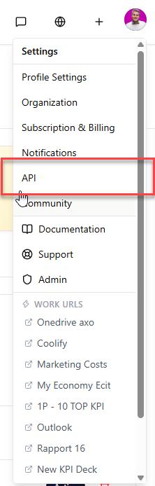 Innstillingsmenyen i CitationLab Manager med “API” uthevet.