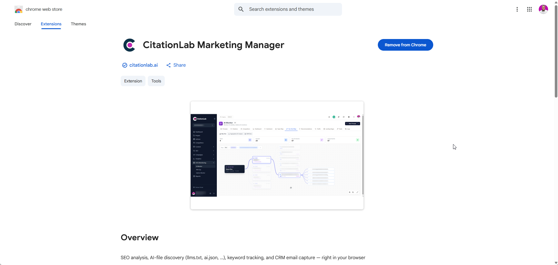 Oppføringen for CitationLab Marketing Manager i Chrome Nettmarked med knappen “Add to Chrome”.